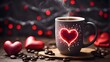 passionate mug of coffee. A card for Valentine's Day. Above it, coffee and lightning. Aromatic coffee, thunderstorms, and red hearts