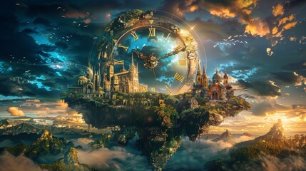 Wall Mural - Generate an image depicting the civilization of time. maunganui and mayor island in a dreamlike worldview, big watch in the center 