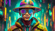 A portrait of a futuristic Asian in a cap and glasses, apocalyptic