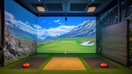 Wall Mural - View of golf course simulator in background from building