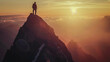 Silhouette of a lonely traveler standing on a mountain peak, admiring the sunrise or sunset