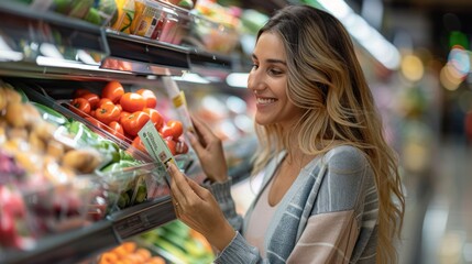 Wall Mural - A smiling woman reads a label on a food package while buying groceries from a refrigerated section in a supermarket.