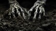 Necromancy Skeletal hands emerging from the ground in a sinister ritual , deep black background