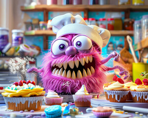 An animated purple monster in a chef hat joyfully decorating cupcakes with colorful sprinkles in a vibrant, cluttered kitchen.