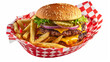 © Michael - Mouth-watering cheeseburger with lettuce, onion, and fries in a basket