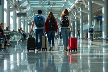 group of diverse people at aerodrome with luggage, ready for holiday travel