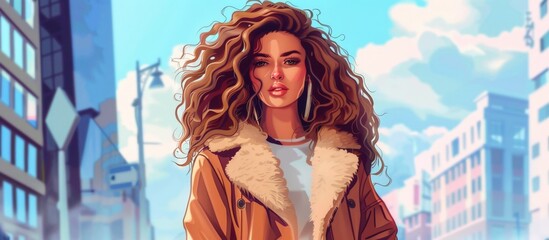 Wall Mural - Long-haired woman strolling along a road, clad in a jacket, with a focus on her flowing hair