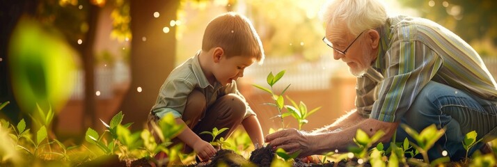 A grandfather with his little grandson is planting a sprout of a green tree, sharing experience and caring with the younger generation, banner