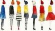 Seven women standing next to each other in winter clothes. Everyone is wearing knitted hats, colorful dresses, striped tights and sweaters.