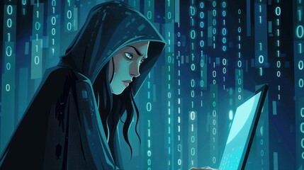 Wall Mural - A woman in a black sweatshirt looks at a laptop screen. Against a background of binary code.