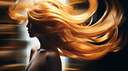 Wall Mural - A woman with long, flowing hair is shown in a blurry image