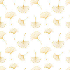 Sticker - Seamless pattern, hand drawn contour leaves of ginkgo biloba in golden color, background, print, textile, vector