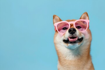 Joyful Ginger Shiba Inu Delighted in Pink Glasses on Blue Backdrop