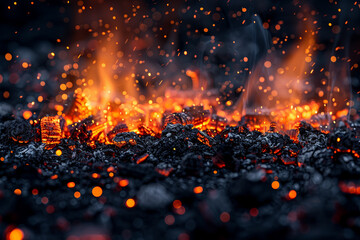 Sticker - Sparkling embers glowing amidst the ashes of a dying fire, radiating residual heat into the chilly air. Concept of fading warmth and transience. Generative Ai.