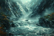 A rushing river carving its way through a deep canyon, its waters cascading over jagged rocks with raw power. Concept of dynamic landscapes and erosion. Generative Ai.
