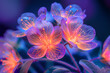 Closeup view of vibrant violet and yellow neon transparent flowers, perfect for nature or garden-related designs.
