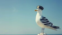 A Striking Photo Of A Seagull Dressed In A Navy Captain's Hat, Posing Elegantly Against A Clear Blue Sky. Perfect Blend Of Humor And Nature.