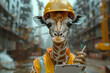 A giraffe wearing a hard hat and safety vest, inspecting construction sites with a clipboard in hand, overseeing the progress of building projects with diligence and precision.  Generative Ai.