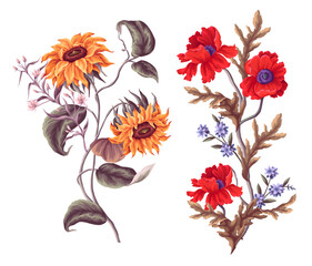 Wall Mural - Bouquets with sunflowers, poppies and other wild flowers. Vector