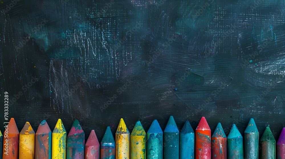 Colorful wax crayons lined up against a blackboard background ...