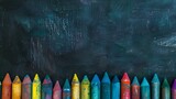 Colorful wax crayons lined up against a blackboard background. Creativity and education concept. Perfect for school and art projects. AI