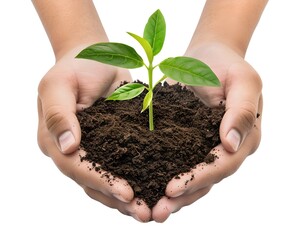 Sticker - Close-up of hands nurturing a young plant in soil. Symbolizing growth, care, and sustainability. Ideal for environmental themes. AI