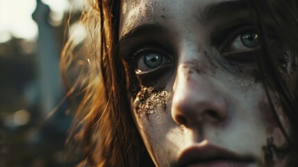 Wall Mural - A zombie woman with freckles and dirt on her face looks at the camera.