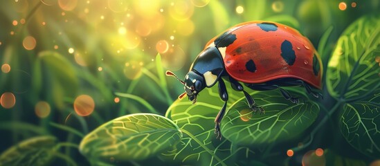 Canvas Print - Ladybug perched on a green leaf covered in numerous water droplets, creating a beautiful natural scene