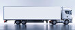 Blank advertising banner on truck trailer in brightly lit garage. Capable cargo shipping lorry in industrial warehouse. Delivery business promotion.
