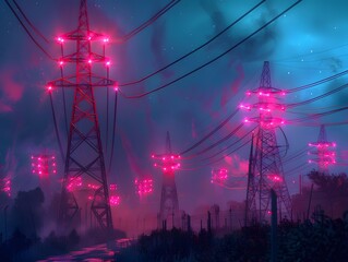 Wall Mural - Electricity Transmission Towers, Illuminated Wires, A Concept of Energy