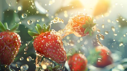 Wall Mural - Strawberry with juice colliding and exploding, crashing flying