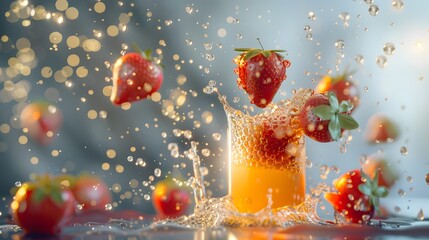 Canvas Print - Strawberry with juice colliding and exploding, crashing flying