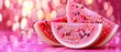   A few slices of watermelon atop a pink countertop against a matching pink background