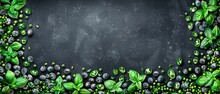   A Framed Image Of Green Leaves And Berries Against A Black Backdrop, Featuring A Chalkboard At Its Center