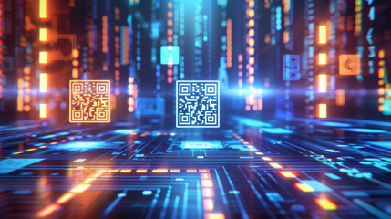 Vibrant digital landscape with floating QR codes and data lines..