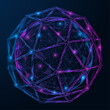 A sphere inside a polyhedron. A low-poly design of interconnected lines and dots. Blue background.