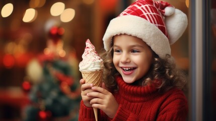 A little girl wearing a Santa hat and red sweater holds a cone with white soft serve and red sprinkles. She is smiling and laughing. A blurred Christmas tree is in the background.