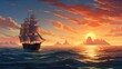 A ship sails in the ocean with a sunset in the background.