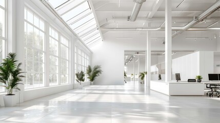 Wall Mural - Open space Interior modern empty white office building daylight view. AI generated image