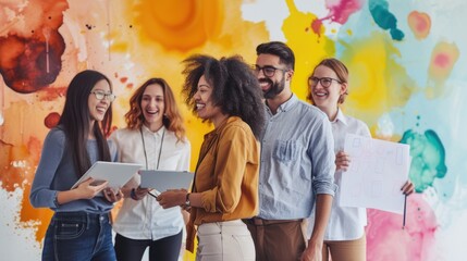 A cheerful group of young professionals uses tablets in front of a colorful mural, radiating creativity and collaboration. AIG41