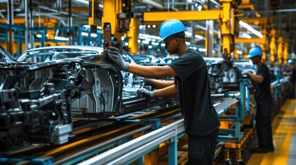 A man is seen works on a motor vehicle in a factory, focusing on the automotive tire, engine hood, and other auto parts. AIG41