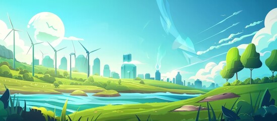 Wall Mural - Green landscape featuring wind turbines generating renewable energy