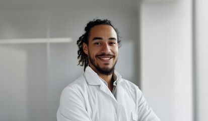 Portrait of a smiling male doctor of Spanish appearance in a white coat.