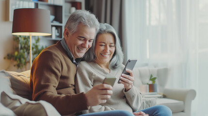 Happy elderly couple surfing the net on a smartphone in the living room. Elderly parents use an application on a mobile phone.