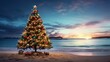 Christmas cheer by the sea, as a decorated fir tree with gift boxes stands on the sandy beach against the ocean background.