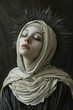 Lady of Sorrows: Praying Lady Bust with Delicate Carmine Lips, Ivory Mantle with Lace Veil and Graphite Halo Rays