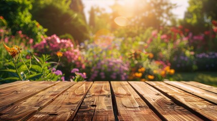 Wooden table in a lush garden with flowers in the background