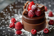 Chocolate dessert with raspberries, powdered sugar, and natural ingredients