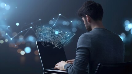 Digital technology, internet network connection, big data, digital marketing IoT internet of things. Man using modern computer surfing internet futuristic innovative technology background