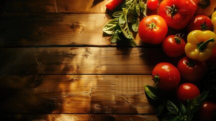 Wall Mural - graphic design for the food industry. Fresh tomatoes with salad leaves on the table. Background.